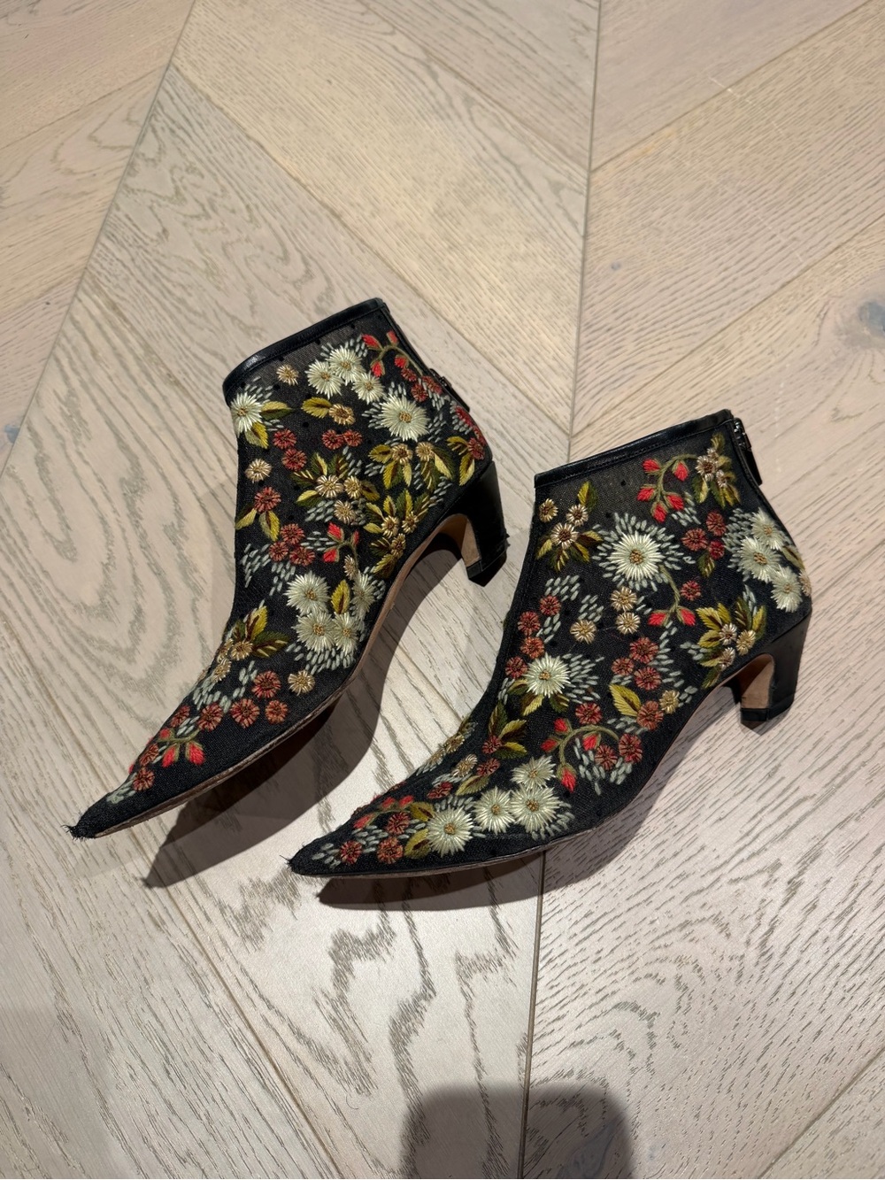 Floral Embroidered Black Ankle Boots